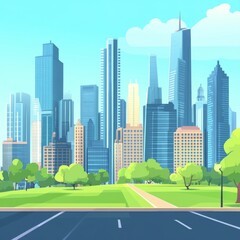 Obraz premium Cartoon City Skyline Stock Image: Modern Skyscrapers, Highways, Parks for Business Backgrounds