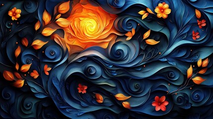 A mesmerizing abstract illustration featuring swirling patterns of leaves, vines, and flowers, creating a sense of organic movement and growth