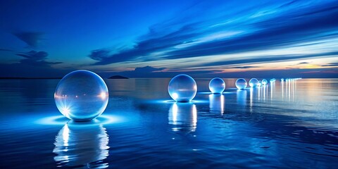 Glowing orbs reflect on tranquil indigo sea at midnight