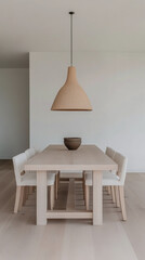 Minimalist dining room with wooden furniture, neutral tones and natural lighting. Mediterranean Real Estate homes interior design