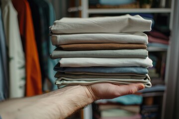 A neatly stacked pile of folded clothes, showcasing a mindful organization of neutral and muted tones, supported by a hand in a cozy, inviting setting.