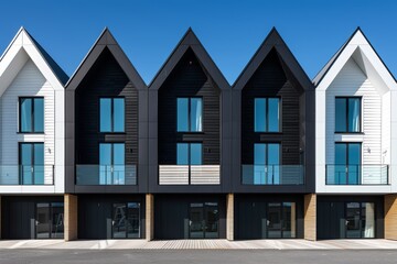 Fototapeta premium Modern Housing Estate with Black and White Facades and Gable Roofs Against a Bright Blue Sky