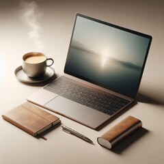 Fototapeta premium A serene and modern workspace featuring a laptop, a steaming cup of coffee, a notebook, and a pen arranged on a minimalist desk. The setup exudes productivity and calmness, perfect for focused work or