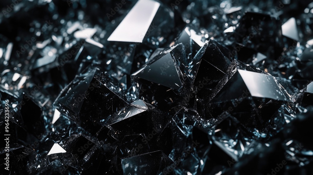 Poster a close up of a black stone with many small pieces. the stone is made of glass and has a shiny, refl