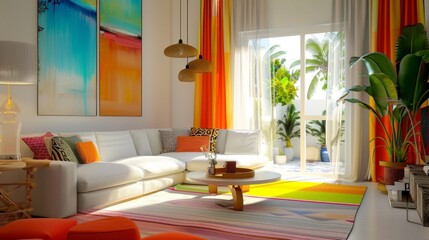 Modern Living Room With White Sectional Sofa and Colorful Decor