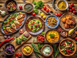 A Mouthwatering Spread Of Tantalizing Dishes, Featuring Vibrant Colors, Fresh Ingredients, And Delectable Textures, Presented On A Rustic Wooden Table.