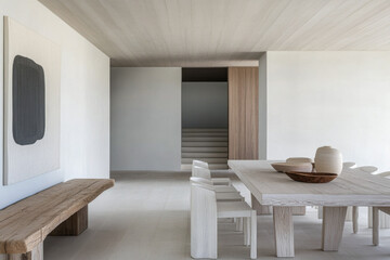 Minimalist dining room with wooden furniture, neutral tones and natural lighting. Mediterranean Real Estate homes interior design