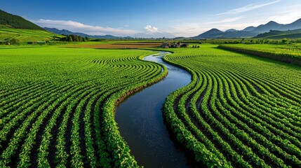 A landscape showing a river or a clean water source flowing through fields of crops