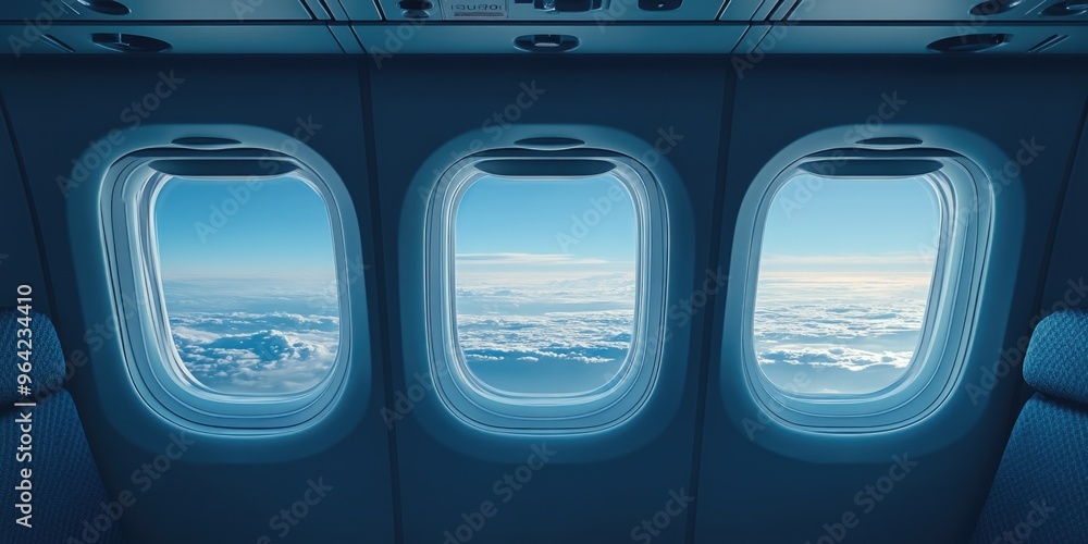Poster the view from the airplane windows is of a clear blue sky with clouds. the windows are open, allowin