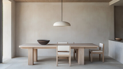 Minimalist dining room with wooden furniture, neutral tones and natural lighting. Mediterranean Real Estate homes interior design