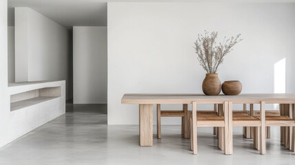 Minimalist dining room with wooden furniture, neutral tones and natural lighting. Mediterranean Real Estate homes interior design