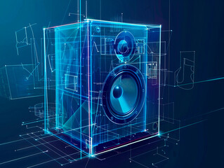 Obraz premium Music speaker visualization with augmented reality Transparent music speaker in studio drawing in blue colors. Audio voice with radio beats on neon gradient background. Broadcast media music banner