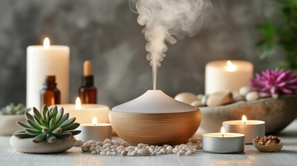Aromatherapy setup with essential oils, a diffuser, and candles for serene relaxation at home