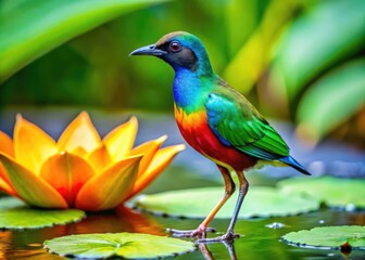Obraz premium An Elegant, Colorful Bird Gracefully Standing On A Verdant Lily Pad, Surrounded By Its Vibrant Green Leaves, With Crystalline Water Droplets Glistening On Its Back