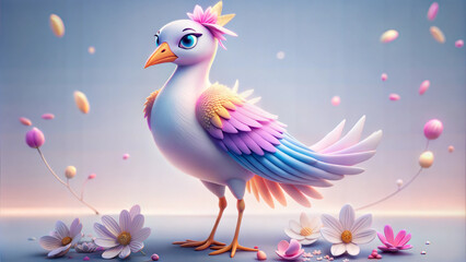 Fototapeta premium Whimsical stylized bird with colorful feathers and floral accents in a cheerful setting 