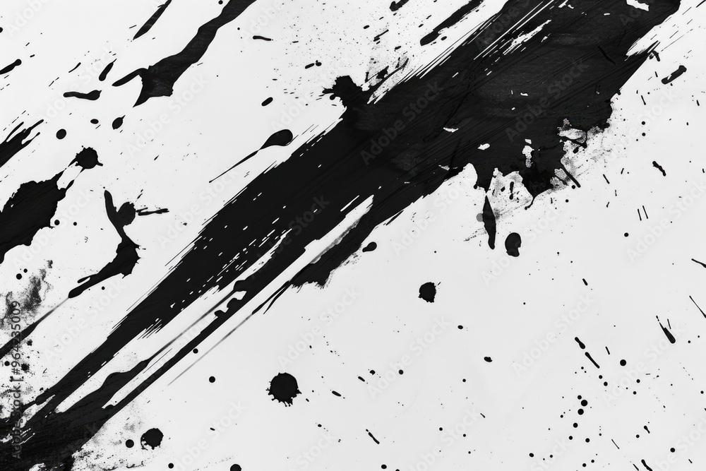 Poster a black and white image of splattered paint on a white background. the splatters are arranged in a w