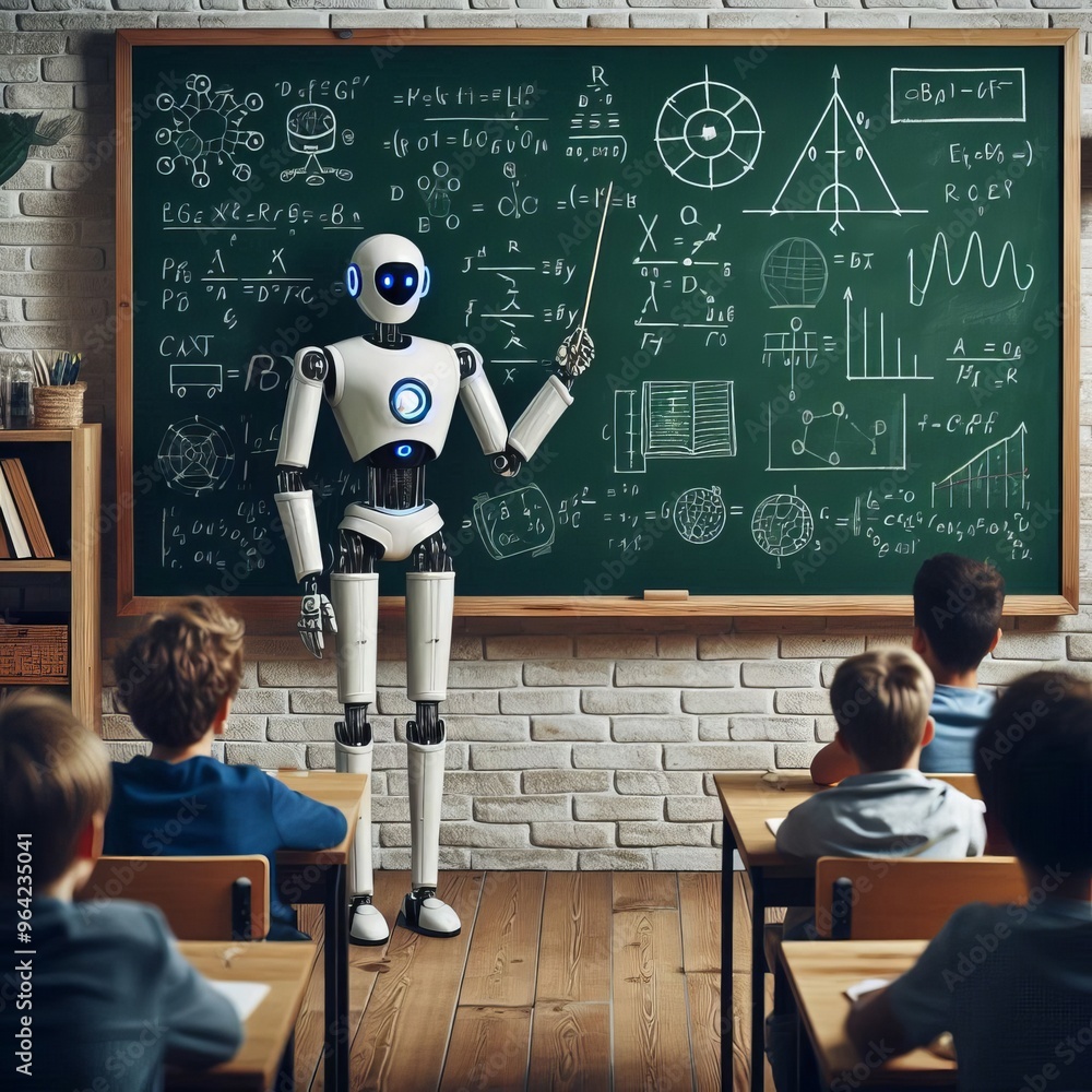 Poster a futuristic robot teacher stands in front of a chalkboard, teaching a group of attentive students i