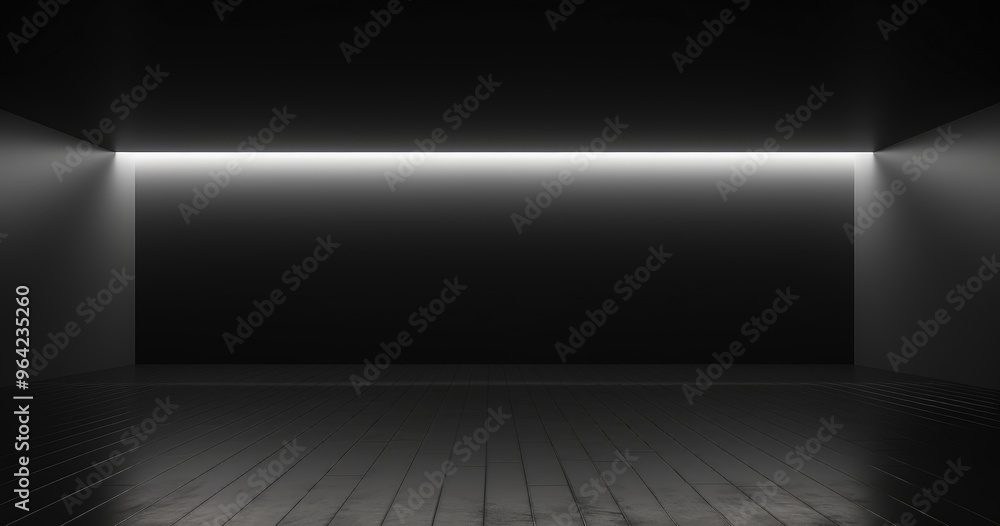 Poster a minimalist dark room with a subtle light strip, creating a modern and sleek atmosphere.