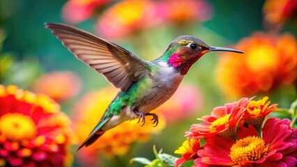 Fototapeta premium An Image Of A Vibrant Hummingbird Hovering Near A Colorful Flower In A Nature Setting Suitable As Free Wallpaper