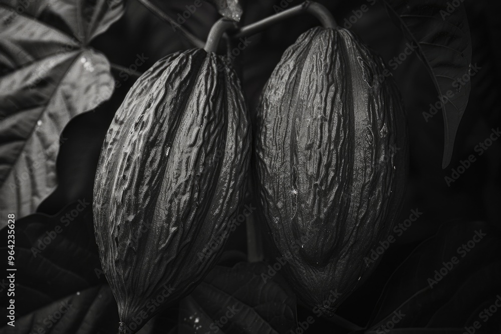 Wall mural two black cocoa beans are hanging from a tree. the beans are wet and have a rough texture