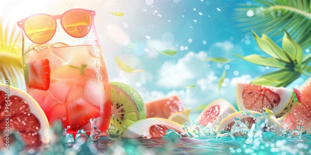 Aufkleber a tropical scene with a drink and fruit on a table. the drink is a pinkish color and has a straw in 