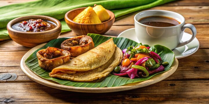 A Plate Of Traditional Honduran Dishes, Featuring Baleada, Tajadas, And Fried Fish, Accompanied By A Cup Of Coffee