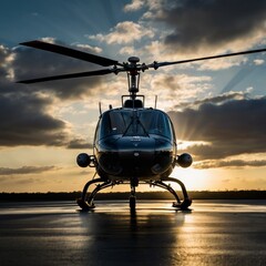 Private helicopter for travel or maybe a private chopper or owned by a military army to rescue, transport, fight for the war with a sun reflection on the background, 