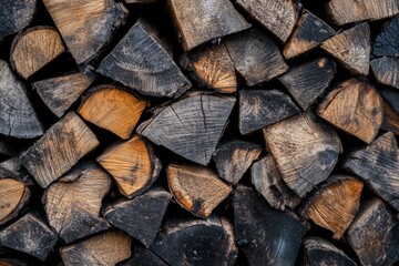 Fototapeta premium Stacked Firewood Logs are Prepared and Ready for Winter Use in a Charming Rustic Setting