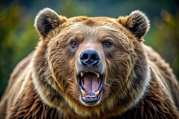 Obraz premium A powerful grizzly bear stands on all fours, teeth bared, fur fluffed, and eyes fixed in an intense, aggressive snarl, exuding primal ferocity.