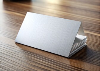 Fototapeta premium A professional, crisp, white business card with embossed silver font and subtle texture, sitting on a modern wooden desk with a blurred background.