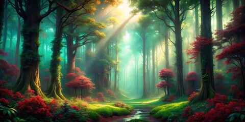 Fototapeta premium Dreamy forest scene with sophisticated emerald maroon tones, perfect for background use
