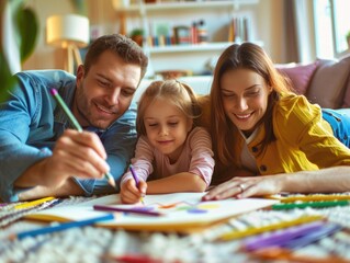 Obraz premium A family of three, a man, a woman and a child, are laying on a rug and drawing together