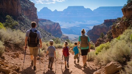 Adventurous American Family Hiking Through the Grand Canyon - Captivating Vistas in a Rugged Landscape