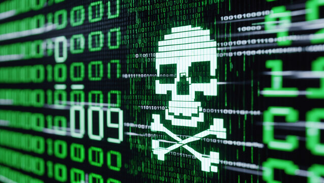 Cybersecurity Warning: Neon Green Skull & Crossbones Embedded in Binary Code