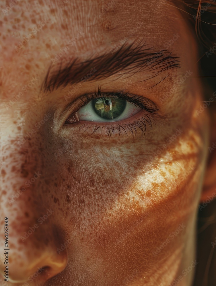 Wall mural A woman with green eyes and a lot of freckles. The freckles are spread across her face and neck