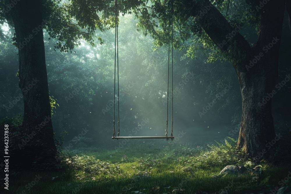 Poster a swing is hanging from a tree in a forest. the swing is empty and the trees are tall and green
