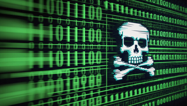 A Hacker's Call-Out: Green Neon Skull & Crossbones on Binary, Cybersecurity Alert