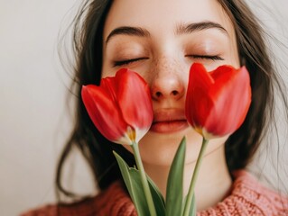 Fototapeta premium A woman is holding two red tulips in her face. She is smiling and she is enjoying the flowers