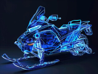 Snowmobile visualization with augmented reality Transparent snowmobile in studio drawing in blue colors