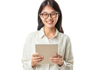A woman wearing glasses is holding a tablet in her hands. She is smiling and she is happy