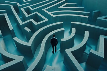 A solitary figure stands at the entrance of a vast, intricate maze, symbolizing the challenges and journey of navigating through life's complexities.