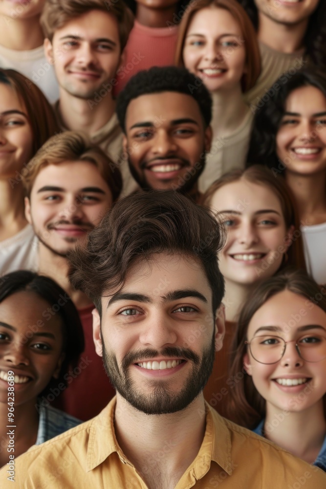 Poster a group of people are smiling and posing for a photo. the man in the center is smiling and looking a