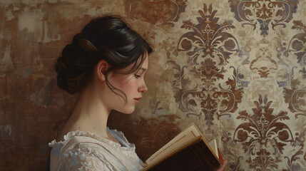 A beautiful woman reading, with intricate Victorian wallpaper in the background, in an oil painting style.