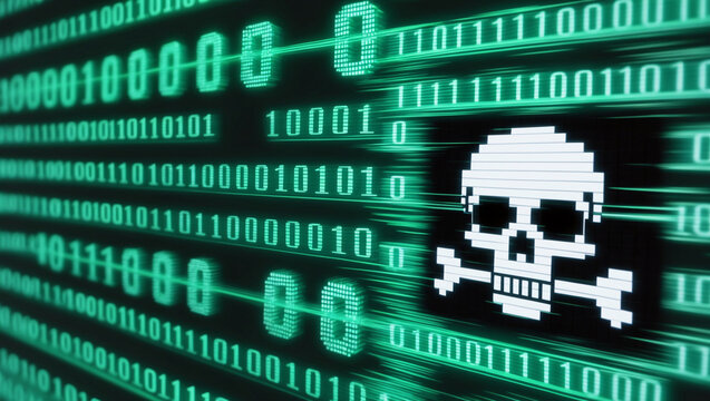 Cybersecurity Menace Depicted: Neon Green Skull & Crossbones Over Binary Code