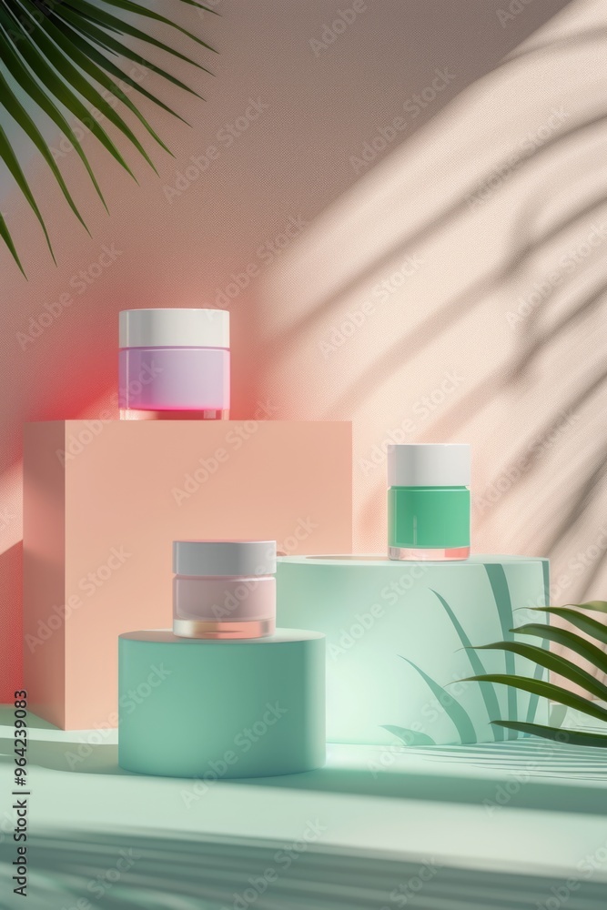 Poster a display of three bottles of nail polish on a green pedestal. the bottles are in different colors a