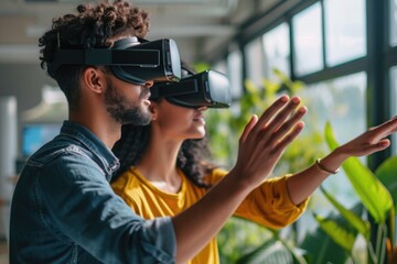 Colleagues using virtual reality in office