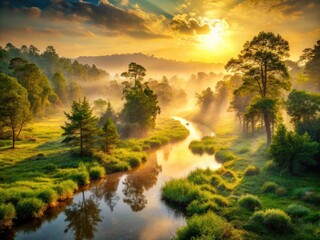 Obraz premium A serene misty dawn breaks over a tranquil forest, with golden light illuminating lush greenery, towering trees, and a meandering stream, perfect for a calming wallpaper.