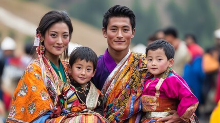 Joyful Bhutanese Family in Vibrant Costumes Celebrating at Traditional Festival