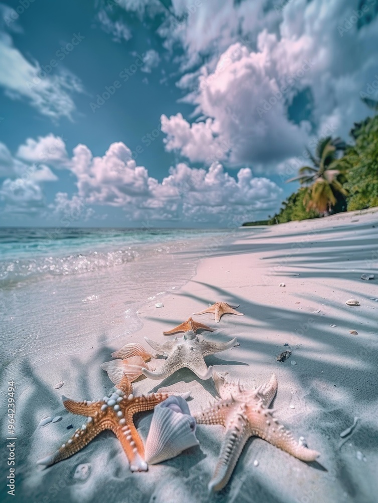 Poster a beach scene with a group of five starfish and a few shells. the beach is empty and the sky is clou