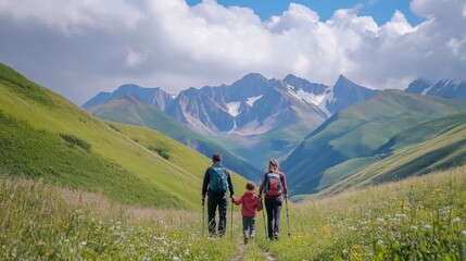Obraz premium Exploring the Majestic Caucasus: Georgian Family's Epic Hiking Adventure
